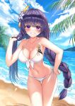  1girl absurdres bangs bare_arms bare_shoulders bikini blue_sky blush breasts cleavage cloud collarbone commentary cowboy_shot day flower genshin_impact grin hair_flower hair_ornament hand_up highres kurone_(kurone_ryuo) large_breasts long_braid long_hair looking_at_viewer navel ocean outdoors purple_eyes purple_hair raiden_shogun revision side-tie_bikini_bottom sky smile solo standing stomach swimsuit thighs very_long_hair water 
