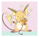  :3 border bottle bow closed_eyes closed_mouth commentary_request dedenne facing_viewer flying_sweatdrops holding holding_pokemon milk_bottle musical_note no_humans pokemon pokemon_(creature) raichu s_(happycolor_329) smile spoken_musical_note sweat twitter_username white_border 