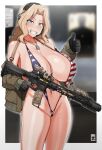  1girl alternate_costume american_flag american_flag_print american_flag_swimsuit assault_rifle black_gloves blonde_hair blue_eyes breasts dog_tags flag_print girls_und_panzer gloves gun hair_intakes handplug highres holding holding_gun holding_weapon huge_breasts kay_(girls_und_panzer) long_hair magazine_(weapon) navel print_swimsuit rifle scope slingshot_swimsuit smile solo standing swimsuit thumbs_up weapon 