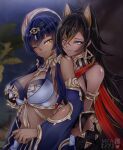  2girls absurdres animal_ears black_hair blue_eyes blue_hair breast_grab breasts candace_(genshin_impact) claws cleavage dark-skinned_female dark_skin dehya_(genshin_impact) earrings egyptian_clothes fake_animal_ears genshin_impact grabbing grabbing_from_behind hair_ornament highres jewelry manami030 multiple_girls one_eye_closed sidelocks smile upper_body yellow_eyes yuri 