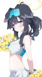  1girl absurdres animal_ears bangle bangs bare_arms bare_shoulders black_hair blue_archive blue_eyes blush bracelet breasts cheerleader cowboy_shot crop_top dog_ears dog_girl dog_tail eyewear_on_head fuuna goggles goggles_on_head halo hibiki_(blue_archive) hibiki_(cheerleader)_(blue_archive) highres holding holding_pom_poms jewelry long_hair looking_at_viewer midriff pom_pom_(cheerleading) ponytail simple_background skirt solo tail white_background 