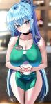  1girl absurdres apron aqua_(konosuba) bangs black_choker blue_eyes blue_hair blurry blurry_background blush breasts choker cleavage green_apron hanasaka_houcha highres iced_latte_with_breast_milk_(meme) kono_subarashii_sekai_ni_shukufuku_wo! large_breasts long_hair looking_at_viewer meme milk naked_apron name_tag solo thighs 