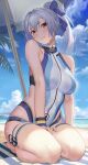  bangs bare_shoulders beach beach_umbrella between_legs blue_one-piece_swimsuit breasts dripping fate/grand_order fate_(series) hair_ribbon halterneck hand_between_legs highres kneeling large_breasts looking_at_viewer naruse_(0819) navel one-piece_swimsuit outdoors ponytail red_eyes ribbon skin_tight skindentation smile sweat sweatdrop swimsuit thick_thighs thigh_strap thighs tomoe_gozen_(fate) tomoe_gozen_(swimsuit_saber)_(fate) tomoe_gozen_(swimsuit_saber)_(first_ascension)_(fate) umbrella white_hair 