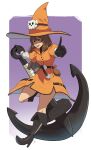  1girl anchor belt black_gloves boots brown_hair dress francisco_mon full_body gloves guilty_gear hair_between_eyes hat high_heel_boots high_heels highres knee_boots may_(guilty_gear) open_mouth orange_dress orange_eyes pointing pouch signature smile solo witch_hat 