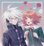  2boys ahoge android bangs black_ribbon blush brown_eyes brown_hair cheer_(cheerkitty14) danganronpa:_trigger_happy_havoc danganronpa_(series) danganronpa_v3:_killing_harmony fujisaki_chihiro green_jacket grey_eyes grey_hair grin hair_between_eyes hands_up headphones heart highres holding holding_ribbon jacket keebo looking_at_another medium_hair multiple_boys neck_ribbon one_eye_closed open_mouth power_armor ribbon shiny shiny_hair smile speech_bubble teeth upper_teeth 