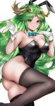  1girl :q absurdres animal_ears asada_sadao ass blush breasts cleavage commentary fake_animal_ears forehead_jewel gloves green_hair highres kid_icarus large_breasts looking_at_viewer palutena playboy_bunny simple_background thighhighs thighs tongue tongue_out white_background white_gloves 