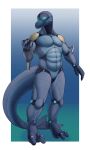  2022 3_fingers absurd_res anthro blue_background blue_body bottlenose_dolphin cetacean delphinoid digitigrade featureless_crotch fingers full-length_portrait hi_res hybrid looking_at_self machine male mammal marine mouth_closed muscular muscular_anthro muscular_male ndragon3 nude oceanic_dolphin portrait robot simple_background solo standing strake_(zermelane) synth_(vader-san) toothed_whale 
