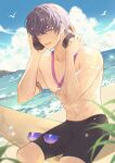  1boy :d absurdres bangs beach blue_sky cloud cloudy_sky headphones highres holding holding_headphones jiukuzi18797 male_swimwear marius_von_hagen_(tears_of_themis) navel open_mouth outdoors purple_eyes purple_hair sand short_hair sky smile solo sunglasses swim_trunks tears_of_themis water 