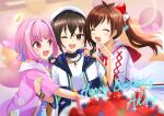  #unicus_(idolmaster) 3girls absurdres ahoge balloon bangs belt birthday_cake black_hair blue_hair blue_skirt blurry blurry_background blurry_foreground brown_eyes brown_hair cake closed_eyes commentary crossed_bangs english_text floating_hair food fruit glint hair_between_eyes hair_intakes hand_up hands_on_another&#039;s_shoulders hands_up happy_birthday hat heart heart_balloon high-waist_skirt highres hood hood_down hoodie idolmaster idolmaster_cinderella_girls jewelry looking_at_viewer multicolored_hair multiple_girls necklace one_eye_closed open_clothes open_hoodie open_mouth pink_hair ponytail raised_eyebrows sharp_teeth shiny shiny_hair shirt shirt_tucked_in short_sleeves skirt strawberry sunazuka_akira teeth tsujino_akari two-tone_hair upper_body v-shaped_eyebrows white_shirt yaminabe_(szhal14) yumemi_riamu 
