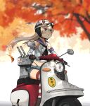  1girl annin_musou autumn autumn_leaves black_neckerchief black_panties blonde_hair blue_sailor_collar blue_skirt blush brown_gloves crop_top elbow_gloves gloves goggles goggles_on_headwear grey_eyes ground_vehicle hair_between_eyes helmet highleg highleg_panties highres kantai_collection long_hair midriff miniskirt motor_vehicle neckerchief open_mouth panties pleated_skirt rensouhou-chan riding sailor_collar school_uniform serafuku shimakaze_(kancolle) skirt sleeveless striped striped_thighhighs thighhighs tree underwear white_gloves 