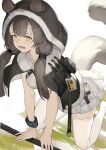  1girl :d all_fours animal_ears animal_hood arknights brown_eyes brown_hair haocong33 honeyberry_(arknights) hood id_card long_hair smile solo tail thighhighs white_thighhighs wristband 