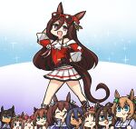  6+girls :&gt; ^_^ agnes_digital_(umamusume) animal_ears aqua_eyes bangs biko_pegasus_(umamusume) black_gloves black_hair blue_bow blue_hair blush_stickers bow bowtie brown_hair closed_eyes commentary_request dark-skinned_female dark_blue_hair dark_skin domino_mask double_thumbs_up ear_bow ear_ornament el_condor_pasa_(umamusume) eyewear_on_head fang glasses gloves grass_wonder_(umamusume) green_eyes grey_eyes hair_between_eyes hair_bow hair_flaps hair_ornament half_updo hamu_koutarou hand_on_hip high_ponytail highres hishi_akebono_(umamusume) hishi_amazon_(umamusume) horse_ears horse_girl horse_tail jewelry jitome long_bangs long_hair looking_at_viewer maruzensky_(umamusume) mask miniskirt mole mole_under_eye multiple_girls necklace off-shoulder_shirt off_shoulder open_mouth pearl_necklace pink_hair purple_bow purple_bowtie purple_eyes purple_shirt red_bow red_eyes red_shirt sailor_collar sailor_shirt school_uniform seeking_the_pearl_(umamusume) shiny shiny_hair shirt simple_background skirt smile standing star_(symbol) star_hair_ornament striped striped_bow summer_uniform sunglasses symboli_kris_s_(umamusume) taiki_shuttle_(umamusume) tail thumbs_up tracen_school_uniform trait_connection twintails umamusume upper_body v-shaped_eyebrows white_sailor_collar white_skirt wing_ornament 