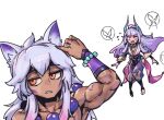  1boy 1girl animal_ears bangs bead_bracelet beads bracelet breasts brown_eyes cleavage commentary fox_ears horns jewelry large_breasts league_of_legends long_hair muscular muscular_male pants parted_lips phantom_ix_row ponytail sett_(league_of_legends) simple_background spirit_blossom_sett spirit_blossom_syndra spoken_animal symbol-only_commentary syndra teeth white_background white_hair 