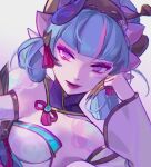  1girl bai_ling_shi_pei_pei bangs breasts cleavage colored_skin detached_sleeves double_bun evelynn_(league_of_legends) green_hair hair_bun hair_ornament highres league_of_legends long_sleeves looking_at_viewer medium_breasts medium_hair pink_hair pink_skin pointy_ears shiny shiny_hair shoulder_tattoo solo spirit_blossom_evelynn tattoo watermark 