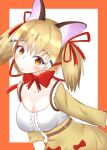  1girl absurdres animal_costume animal_ear_fluff animal_ears belt bow bowtie brown_eyes brown_hair cat_ears cat_girl closed_mouth extra_ears highres kemono_friends kemono_friends_v_project large-spotted_genet_(kemono_friends) long_hair looking_at_viewer multicolored_hair nekomimi_illust ribbon shirt simple_background skirt smile solo suspenders twintails virtual_youtuber 
