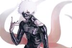  1boy black_bodysuit black_nails black_sclera bodysuit clothing_cutout colored_sclera eyepatch grin hand_up ishihara_katuki kagune_(tokyo_ghoul) kaneki_ken looking_at_viewer nail_polish red_eyes short_hair shoulder_cutout smile solo teeth_print tentacles tokyo_ghoul upper_body white_background white_hair 