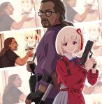  1boy 1girl back-to-back bag beard black_bag black_gloves blonde_hair blue_ribbon brown_bag brown_hair crutch dark-skinned_male dark_skin emoliquor facial_hair fingerless_gloves gloves green_eyes grey_skirt gun hair_ribbon handgun highres holding holding_gun holding_weapon jacket japanese_clothes kimono long_hair long_sleeves looking_at_viewer low_ponytail lycoris_recoil lycoris_uniform mature_male mika_(lycoris_recoil) mustache nishikigi_chisato one_side_up pleated_skirt ponytail purple_kimono red_jacket red_ribbon red_skirt ribbon school_bag school_uniform sepia_background short_hair skirt smile trigger_discipline two-tone_skirt weapon 