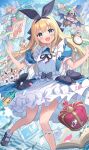  1girl akabane_(zebrasmise) alice_in_wonderland apron blonde_hair blue_dress blue_eyes blush card character_request crown dress falling_card floating_card hair_ornament highres mononobe_alice nijisanji open_mouth playing_card pocket_watch smile solo spade_(shape) watch 