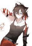  1boy animal_ears arknights belt bishounen black_shirt blue_eyes brown_hair cat_boy cat_ears cowboy_shot hand_up highres jewelry male_focus necklace red_ribbon ribbon shirt simple_background solo stainless_(arknights) torn_clothes white_background xiuxiudangdangdongdong_duang 