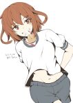 1girl alternate_costume artist_name bread brown_eyes brown_hair cropped_legs dated food food_in_mouth hair_ornament hairclip highres ikazuchi_(kancolle) kantai_collection looking_at_viewer midriff mouth_hold navel shirt shorts smile solo taira_yuuki white_background white_shirt 