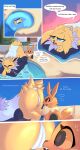  3_toes absurd_res brown_body butt clothing comic duo eevee eeveelution english_text eti_(utopianvee) feet female feral generation_1_pokemon heat_(temperature) hi_res jolteon male mammal nintendo on_top open_mouth pokemon pokemon_(species) pool_float poolside presenting presenting_hindquarters shy swimming_pool swimwear text toes utopianvee video_games 