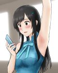  1girl arm_up armpits bangs black_hair blue_ribbon blue_shirt blurry blurry_background blush breasts brown_eyes collar fingernails hair_ornament hairclip holding holding_phone long_hair looking_at_phone minorchara nervous original parted_lips phone pink_nails ribbon shirt sidelocks sleeveless small_breasts sweat train_interior upper_body 