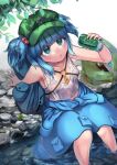  1girl :/ blue_eyes blue_hair can from_above hair_bobbles hair_ornament hat kawashiro_nitori key plant see-through skirt soaking_feet solo touhou two_side_up water wet wet_clothes yawdeone 