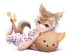  1girl alternate_costume animal_ears beleven blonde_hair blush character_pillow commentary coyopotato coyote_(kemono_friends) extra_ears food_print hair_between_eyes highres kemono_friends kemono_friends_v_project looking_at_viewer lying multicolored_hair on_stomach pajamas paw_print_soles shirt short_hair short_sleeves shorts smile socks solo strawberry_print t-shirt tail white_hair white_shirt white_shorts wolf_ears wolf_girl wolf_tail yellow_eyes yellow_socks 