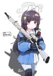  1girl absurdres ahoge black_gloves black_hair blue_archive blue_serafuku blue_shirt blue_skirt blush bolt_action closed_mouth facial_mark flukhan gloves gun halo highres holding holding_gun holding_weapon knee_pads leaf leaf_on_head long_hair long_sleeves looking_at_viewer miyu_(blue_archive) mosin-nagant original pantyhose pleated_skirt puffy_long_sleeves puffy_sleeves red_eyes rifle sailor_collar school_uniform serafuku shadow shirt simple_background single_knee_pad skirt sniper_rifle sniper_scope solo twitter_username very_long_hair wavy_mouth weapon white_background white_pantyhose white_sailor_collar 