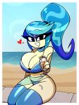  &lt;3 alternate_species auntie_lofty_(mlp) beach big_breasts bikini black_lips blue_hair breasts cleavage clothed clothing collar dress female friendship_is_magic hair hasbro hi_res holding_object human humanized legwear lips long_hair looking_at_viewer lotion mammal my_little_pony navel nelljoestar ponytail seaside smile solo swimwear thick_thighs translucent translucent_clothing wide_hips 