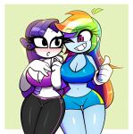  alternate_species belt big_breasts bike_shorts blue_body blush bottomwear breasts cleavage clothed clothing duo female female/female friendship_is_magic gesture gym_clothing hair hand_on_hip hasbro hi_res human humanized long_hair mammal multicolored_hair my_little_pony navel nelljoestar pants purple_eyes purple_hair rainbow_dash_(mlp) rainbow_hair rarity_(mlp) shorts smile thick_thighs thumbs_up white_body yoga_pants 