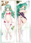  1girl ass babydoll bare_arms bare_legs black_panties breasts cleavage clothes_pull dakimakura_(medium) date_a_live finger_to_mouth green_eyes green_hair hair_between_eyes large_breasts looking_at_viewer lying multiple_views natsumi_(date_a_live) navel on_back on_bed on_side one_eye_closed panties panty_pull sample_watermark small_breasts smile swimsuit swimsuit_pull touxing_no_diluka twintails underwear water_gun 