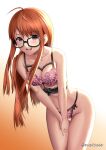  1girl :d ahoge bangs between_legs black-framed_eyewear bra breasts cleavage commentary english_commentary excaliblader glasses hand_between_legs highres leaning_forward long_hair looking_at_viewer medium_breasts open_mouth orange_hair panties persona persona_5 pink_bra pink_panties sakura_futaba sidelocks simple_background smile solo twitter_username underwear underwear_only very_long_hair 