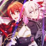  2boys ahoge fcc gloves hair_between_eyes idolish_7 jewelry kujou_tenn looking_at_viewer multiple_boys nanase_riku official_style open_mouth red_hair smile white_hair 