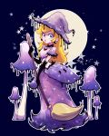  1girl absurdres black_gloves blonde_hair blue_background blue_eyes broom corset dress earrings elbow_gloves full_moon gloves guichibo hat highres holding holding_broom jewelry looking_at_viewer mario_(series) moon mushroom princess_peach purple_dress purple_headwear solo star_(symbol) starry_background white_corset witch_hat 