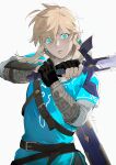  1boy bangs belt bishounen blonde_hair blue_eyes closed_mouth commentary_request cowboy_shot gloves highres holding jewelry kaninn link male_focus pointy_ears simple_background solo sword the_legend_of_zelda the_legend_of_zelda:_breath_of_the_wild weapon 