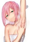  1girl arm_up armpits bangs bare_shoulders breasts cleavage green_eyes hair_between_eyes head_tilt highres looking_at_viewer naked_towel original pink_hair presenting_armpit sidelocks simple_background spread_armpit steam steaming_body sweat towel upper_body wet white_background yui_hiroshi 