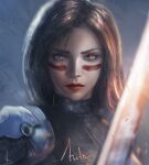 1girl alita armor battle_angel_alita blood blood_on_face blurry bodysuit brown_eyes brown_hair character_name depth_of_field grey_background highres lips long_hair pauldrons shoulder_armor signature solo upper_body zed_(trungbui42) 