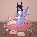  1:1 anthro bell belly belly_nipples bodily_fluids bone breasts canid canine cat_toy collar cum dilute_calico dog_bed dog_toy felid feline feral feralbeans genital_fluids honey_(feralbeans) inside long_tail mammal nipples nub_tail pawpads paws pet_bed plushie pregnant raven_(rkikuri) water 