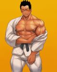  1boy abs bara biceps black_hair blush closed_eyes dougi feet_out_of_frame hakama japanese_clothes karate_gi kuromine_hiraya large_pectorals male_focus manly mature_male muscular muscular_male nipples original pasties pectorals short_hair simple_background solo tape tape_on_nipples thick_arms thick_eyebrows thick_thighs thighs yellow_background 