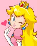  1girl ;o blonde_hair blue_eyes crown dress earrings elbow_gloves gloves guichibo hand_on_own_cheek hand_on_own_face heart highres jewelry mario_(series) one_eye_closed pink_background pink_dress princess_peach smile solo white_gloves 