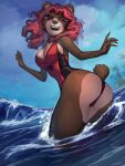  2022 3:4 5_fingers anthro breasts brown_body brown_fur brown_nose butt carly_bear clothing cloud day digital_media_(artwork) female fingers fur general-irrelevant hair hi_res looking_at_viewer mammal one-piece_swimsuit open_mouth outside palm_tree plant red_eyes red_hair smile solo swimwear tree ursid water 