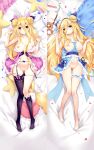  1girl ass_visible_through_thighs bare_arms bare_legs blonde_hair breasts censored closed_mouth dakimakura_(medium) date_a_live hair_over_face highres holding hoshimiya_mukuro large_breasts long_hair looking_at_viewer lying mosaic_censoring multiple_views navel nipples no_bra on_back on_bed open_clothes open_shirt panties panty_pull purple_panties purple_thighhighs thighhighs touxing_no_diluka underwear very_long_hair yellow_eyes 