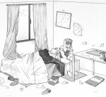  anthro bed bed_covers bedding bedroom bodily_fluids crying detailed_background female furniture hair hi_res inside junkochi lagomorph leporid line_art mammal on_bed rabbit sad short_hair sitting sitting_on_bed solo tears window 