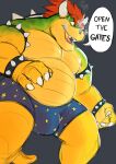 2022 absurd_res anthro armband belly biceps big_belly big_bulge big_muscles black_background bowser bracelet breath_powers bulge claws clothed clothing collar dialogue elemental_manipulation english_text eyebrows fire fire_breathing fire_manipulation hair hi_res horn huge_muscles jewelry koopa male mario_bros muscular muscular_anthro muscular_male nintendo open_mouth open_smile pattern_clothing pattern_underwear pecs razzper scalie shell simple_background smile smoke solo spiked_armband spiked_bracelet spiked_collar spiked_shell spikes spikes_(anatomy) standing teeth text thick_thighs tongue topless topless_anthro topless_male underwear video_games 