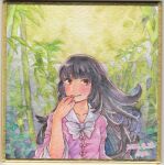  1girl bamboo bamboo_forest black_hair bow bowtie brown_eyes closed_mouth collarbone dated finger_to_mouth forest houraisan_kaguya long_hair long_sleeves moon nature pink_shirt shikishi shin1ar24 shirt solo touhou traditional_media upper_body watercolor_pencil_(medium) white_bow white_bowtie 
