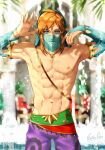  1boy abs bangs blonde_hair blue_eyes blue_shawl estherfanworld gerudo_set_(zelda) gloves jewelry link male_focus muscular muscular_male navel nipples pants pectorals shawl short_hair smile solo the_legend_of_zelda the_legend_of_zelda:_breath_of_the_wild topless_male 