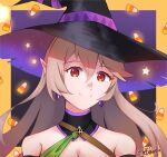  1girl absurdres bakaretsu bare_shoulders breasts candy_corn cleavage corrin_(fire_emblem) corrin_(fire_emblem)_(female) earrings fire_emblem fire_emblem_fates fire_emblem_heroes halloween halloween_costume hat highres jewelry long_hair looking_at_viewer pointy_ears portrait red_eyes smile witch_hat 