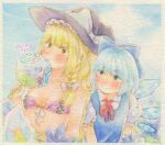 2girls black_headwear blonde_hair blue_bow blue_dress blue_eyes blue_flower blush bow braid breasts cirno closed_mouth collarbone collared_shirt covering_mouth dated detached_wings dress flower frilled_sleeves frills hair_bow hand_fan hat holding holding_fan kirisame_marisa long_hair multiple_girls neck_ribbon painting_(medium) paper_fan pinafore_dress puffy_short_sleeves puffy_sleeves red_ribbon ribbon shin1ar24 shirt short_hair short_sleeves single_braid small_breasts touhou traditional_media upper_body watercolor_(medium) watercolor_pencil_(medium) white_flower white_shirt wings witch_hat yellow_eyes 