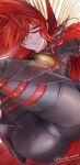  1girl armor ass bangs black_bodysuit bodysuit breastplate breasts cape chain collared_cape fate/grand_order fate_(series) greaves hair_over_one_eye koha-ace large_breasts long_hair looking_at_viewer oda_nobunaga_(fate) oda_nobunaga_(maou_avenger)_(fate) popped_collar red_cape red_eyes red_hair smile solo thighs torichamaru very_long_hair 